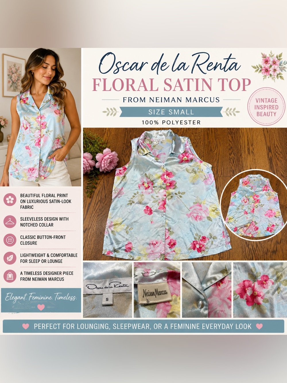 Oscar de la Renta Vintage Floral Satin Sleepwear Top Small Neiman Marcus